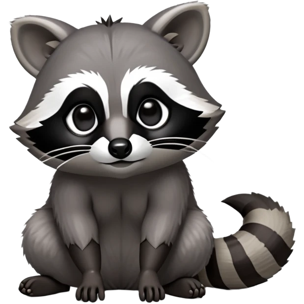 Cinematic-cute Raccoon-Realistic-hunched Full-Body on all fours-Emoji – Tail flicking lazily, head tilted dramatically, thick grey fur with a signature black mask, sharp and alert ears, simplified yet realistic focused features, highly detailed, glowing with an almost sarcastic glow. big black eyes emoji