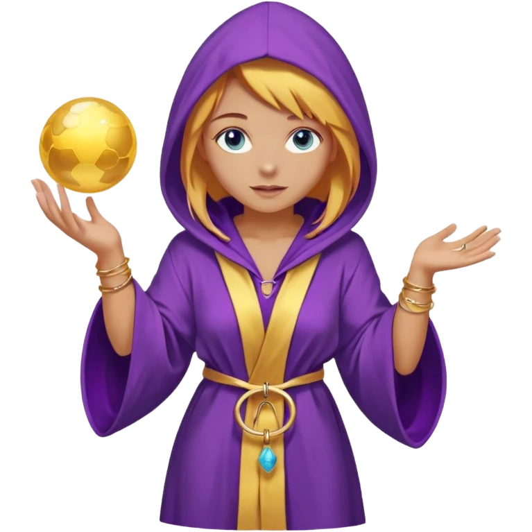 lightly tanned skin, blue eyes, cute and sexy girl with bright yellow-brown hair in a few shades of purple robe with hood, golden rings, slight cute makeup, full body, slightly turned aside pose, holding a magical ball (for future prediction) emoji