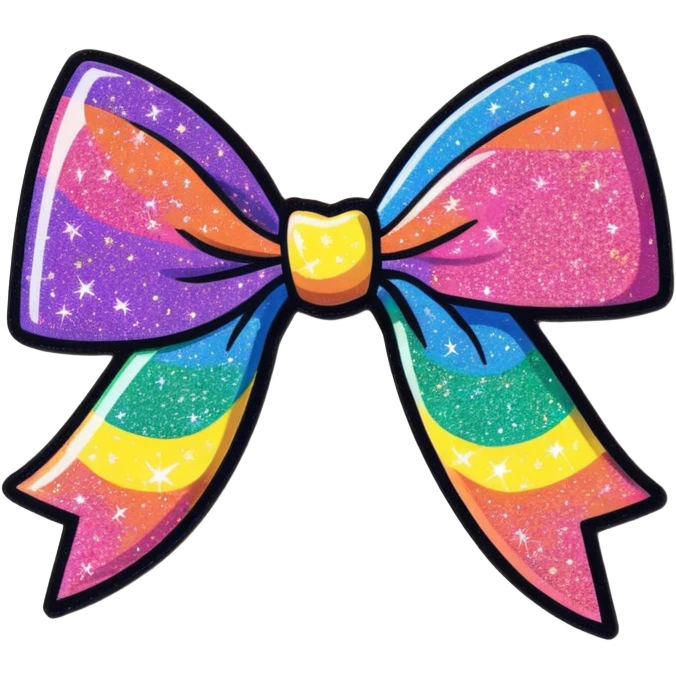 masterpiece Clean smooth lines 8000x8000px, 8k quailty, no background. Large size 3D rendering, isolated bow in black holographic glitter with a rainbow glitter effect cartoon 3D emoji concept render, close-up, facing forward, 3D emoji render, app icon, new iOS 18.4 style emoji