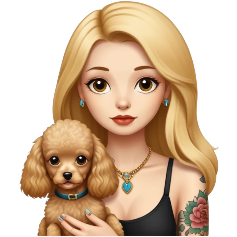 a  girl with glod  straight long hair and tattoos and 2 miniature poodles emoji