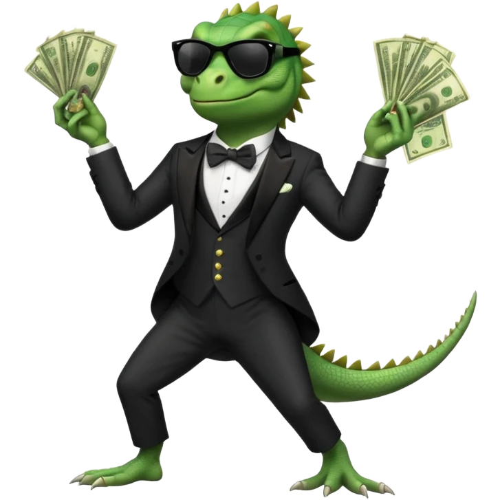 capitalist iguana banker in tuxedo and black sunglasses dancing crazy with money emoji