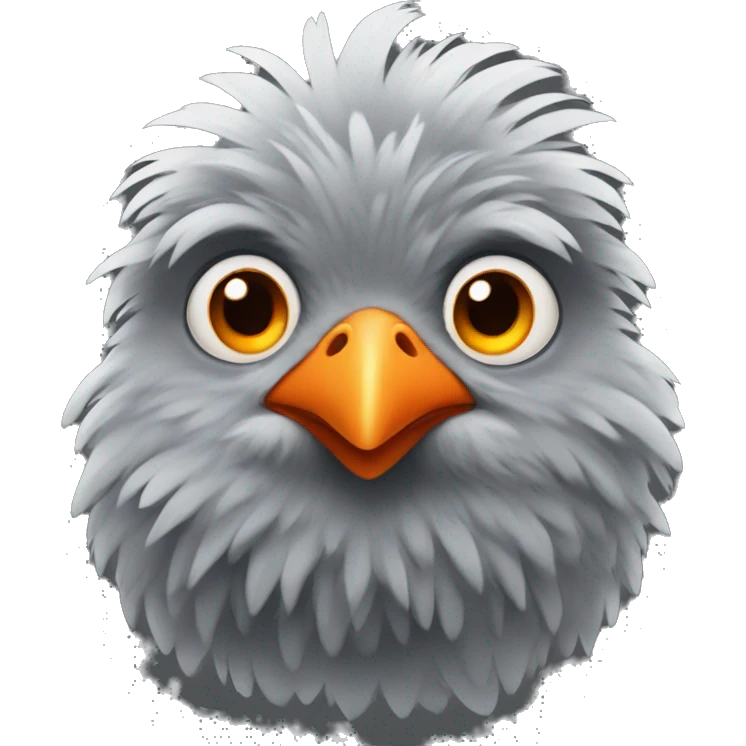gray, fluffy chicken, with white beak and orange eyes emoji