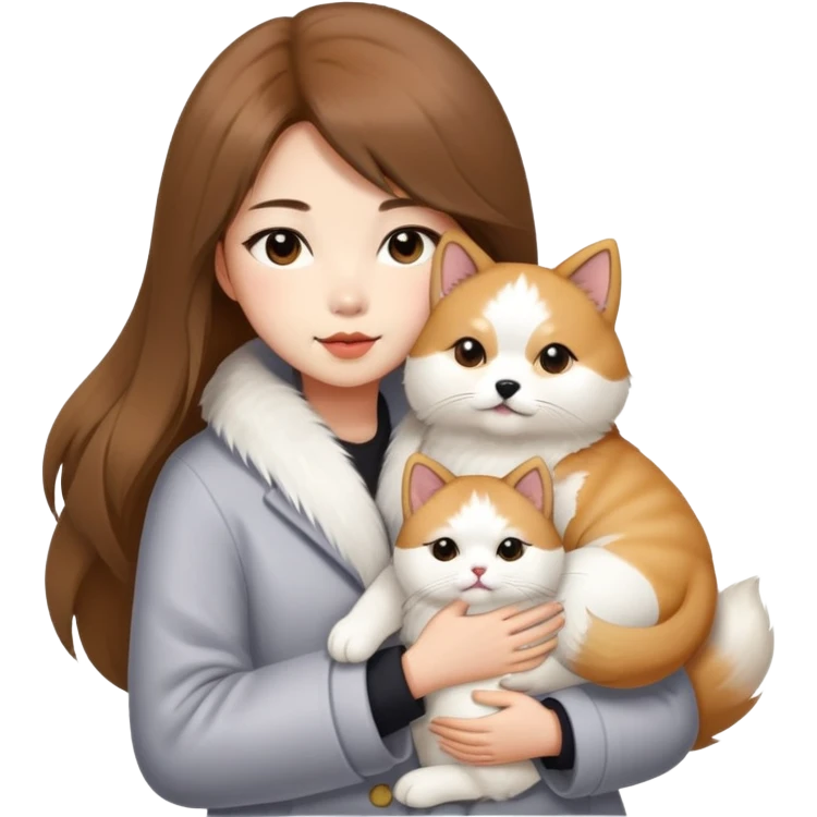 A Chinese fashion girl with brown hair, wearing a light gray fur coat, hugging a Shiba Inu and a long-haired white Persian cat. emoji