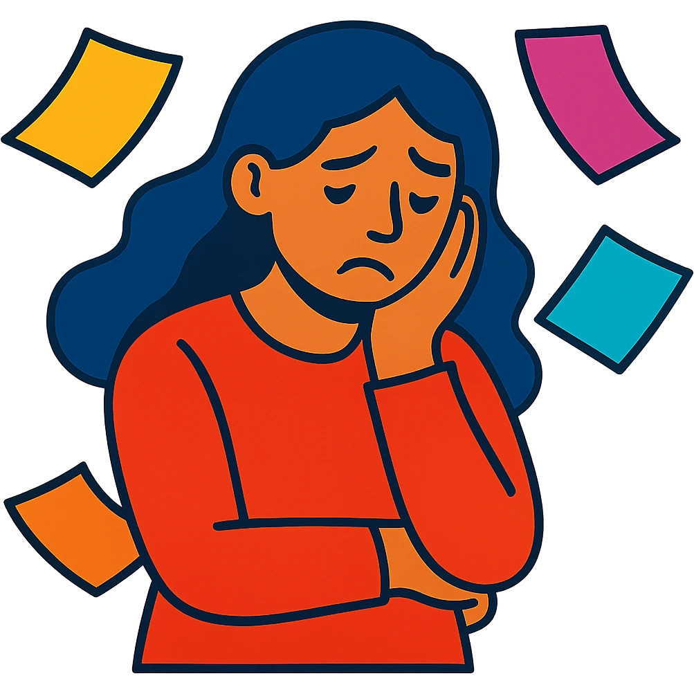 sad woman with flying papers around her, vibrant colors emoji