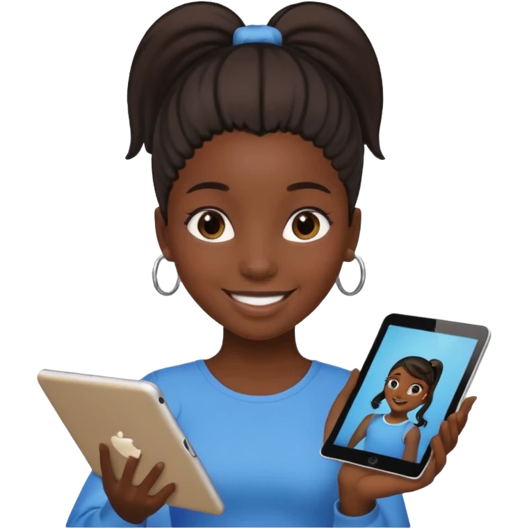 Black girl with ponytail holding ipad emoji