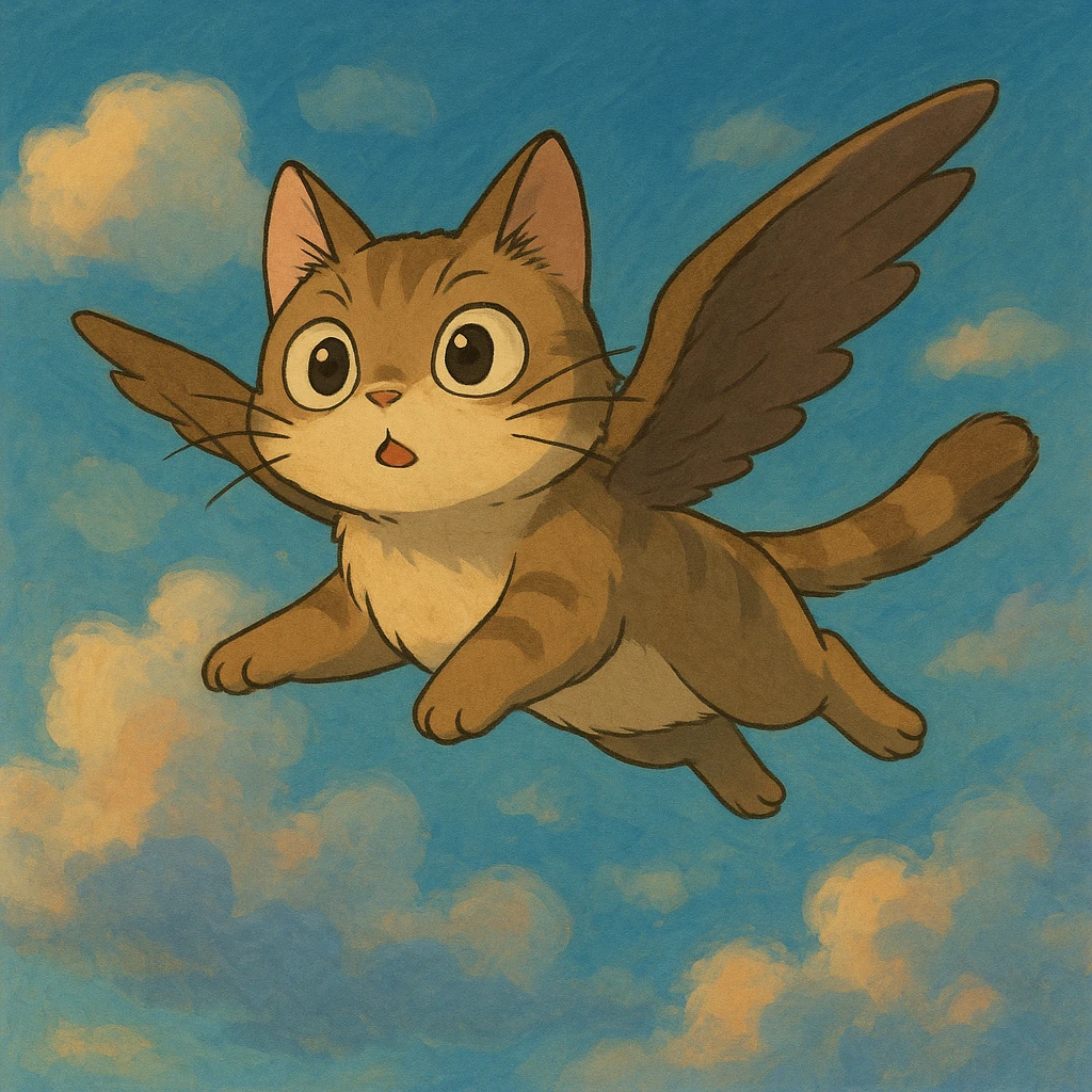 flying cat with expressive eyes in a dreamy sky background in ghibli style emoji