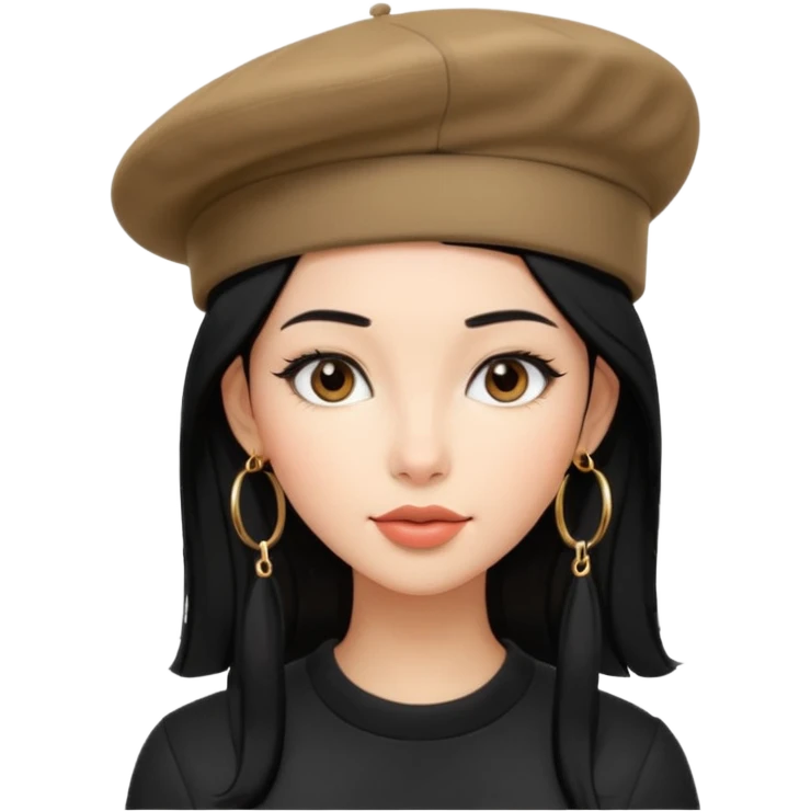 young fashionable woman, long straight black hair, beret, hoop earrings, confident look emoji