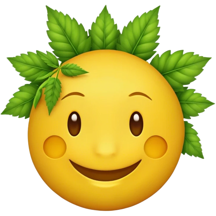 yellow round emoji smiling with its eyes close and bunch of hemp leafs around his face  emoji