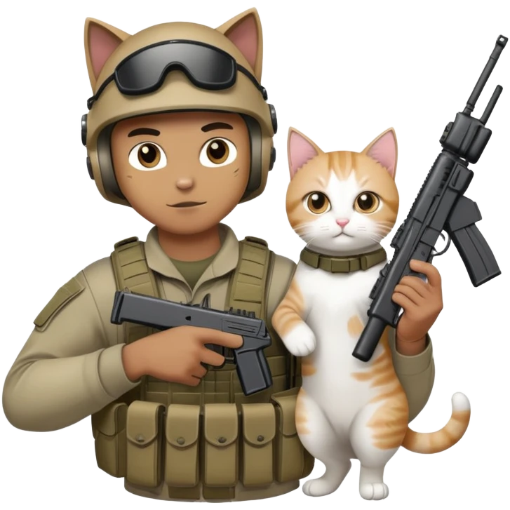 Man in tactical airsoft gear holding a gun in one hand and a white and brown cat in the other hand emoji