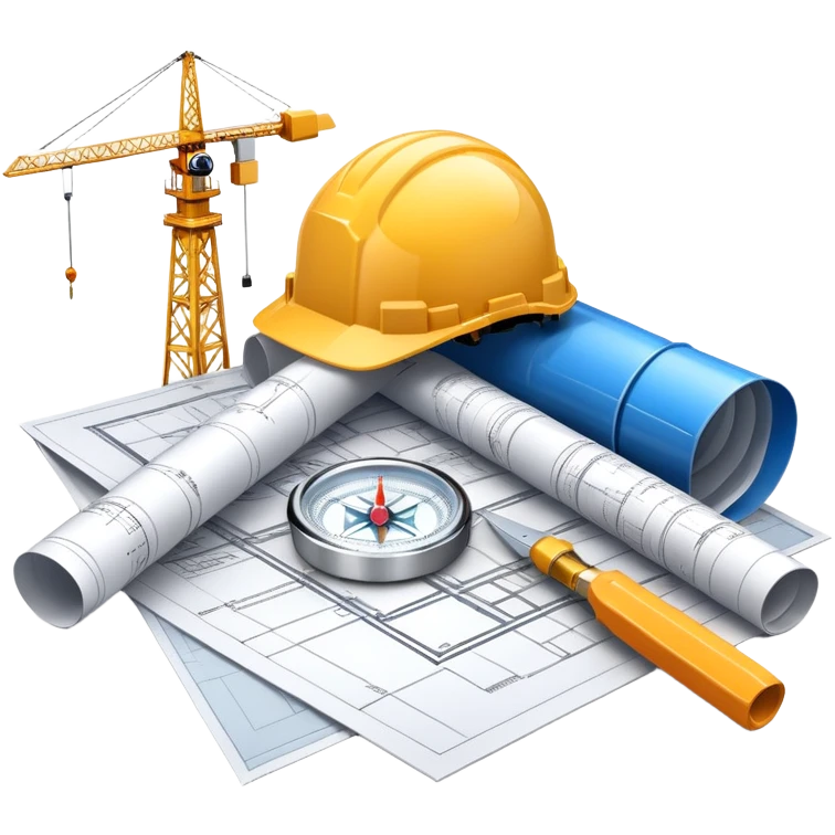 An icon featuring blueprints, a compass, and a construction helmet, symbolizing architecture and construction. The design includes building structures, cranes, and a ruler, representing the design and creation of buildings and urban planning. Transparent background. emoji