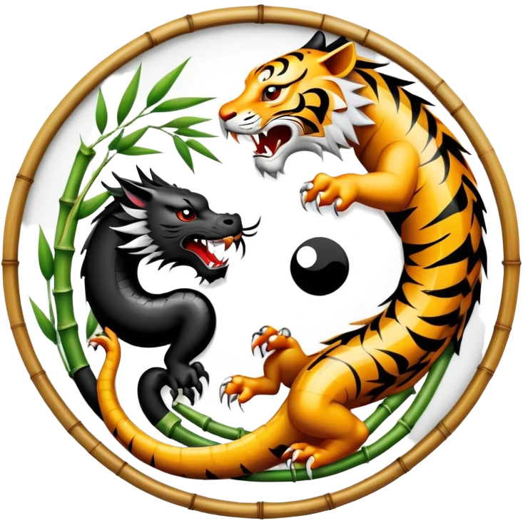 An icon symbolizing Eastern martial arts in the style of an emblem, with a black-and-white Yin-Yang symbol at the center. A dragon and a tiger are placed on either side, representing strength and wisdom. The design includes bamboo and traditional elements. Transparent background emoji
