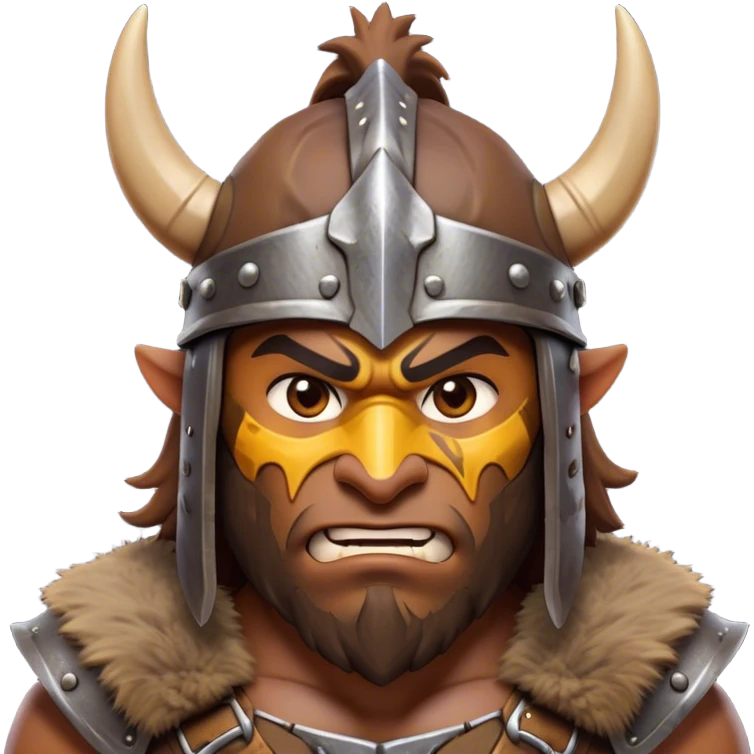 Clash of Clans aesthetic: Cinematic Fierce Barbarian Portrait Emoji, Poised and bold with a rugged yet cartoonish build in tattered furs and a horned helmet, expressive bright eyes and a confident smirk, Simplified yet dynamic features, highly detailed, glowing with a vivid, adventurous aura, high shine, heroic and spirited, stylized with an air of medieval warrior charm, focused and energetic, soft glowing outline, capturing the essence of a fearless barbarian adventurer ready to lead his clan with spirited valor! emoji