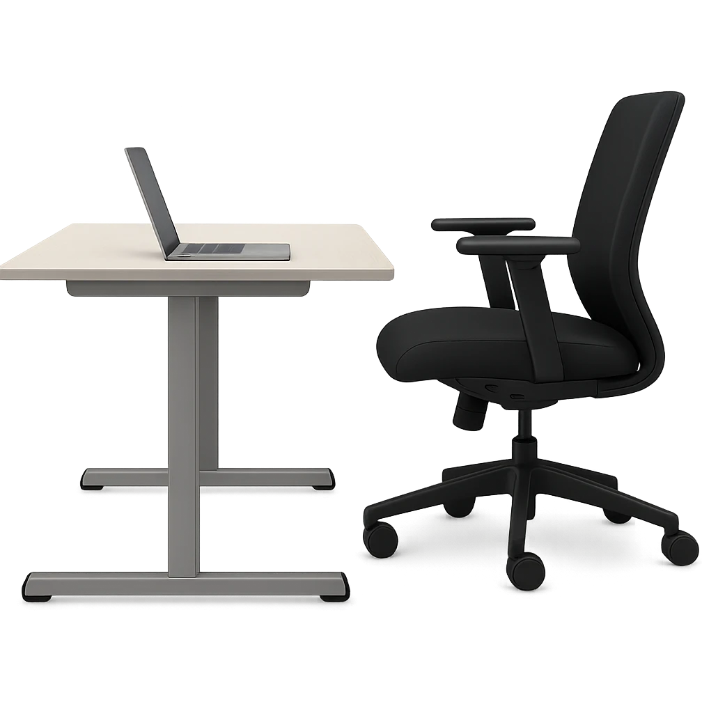Add a laptop on the desk, keep the style and side view. The style is a side view illustration with no background. emoji