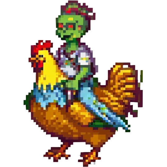 small zombie riding a chicken, Minecraft chicken jockey, pixel art style emoji
