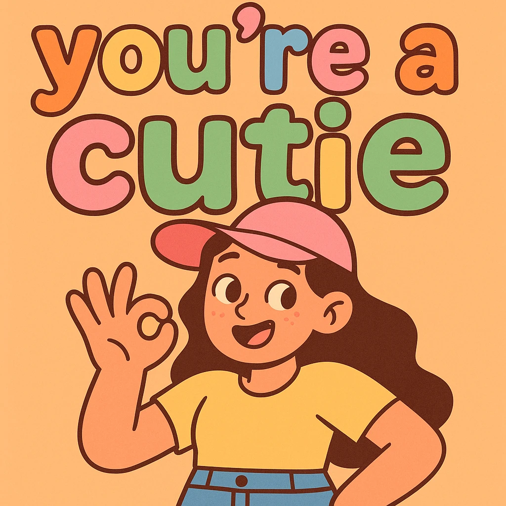 text: "you're a cutie" with each letter a different pastel rainbow color, very thick and cartoonish font, lively and cute emoji