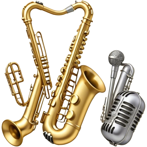 Create an artistic and dynamic emoji representing jazz vocal performance, featuring a vintage microphone as the central focus. Surround the microphone with traditional jazz instruments, such as a saxophone, trumpet, and upright bass, arranged in a harmonious, flowing design. Add musical notes and sound waves emanating from the microphone to symbolize the improvisational and expressive nature of jazz vocals. The instruments should have a polished, classic appearance with metallic gold and silver accents. Use rich colors like deep black, gold, and burgundy to evoke the sophisticated and soulful atmosphere of a jazz club. The background should be transparent. emoji