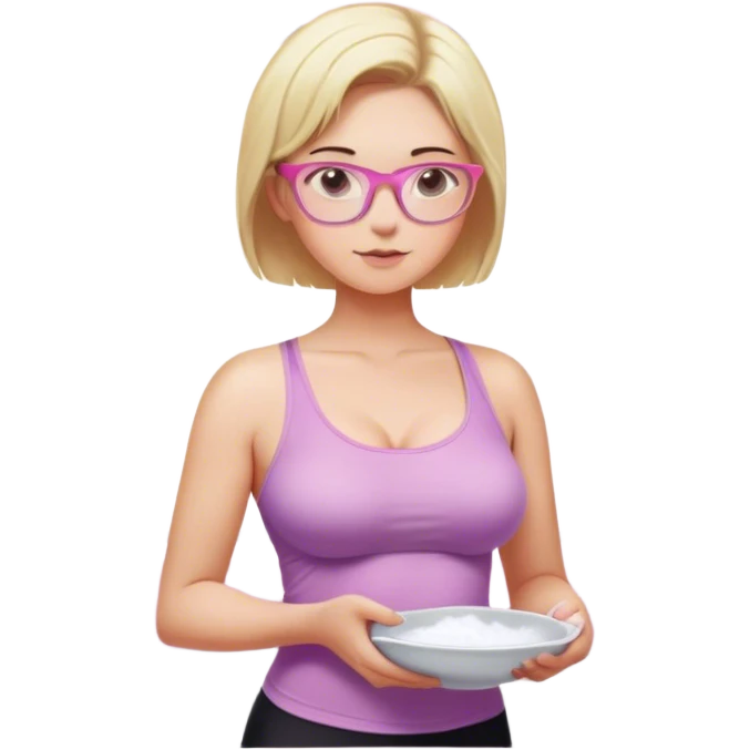 Thick fair skinned woman, short blond hair, small light purple reading glasses, washing dishes, SFW sheer pink tank top, without undergarments showing natural breast shape SFW, black yoga pants, thick booty emoji