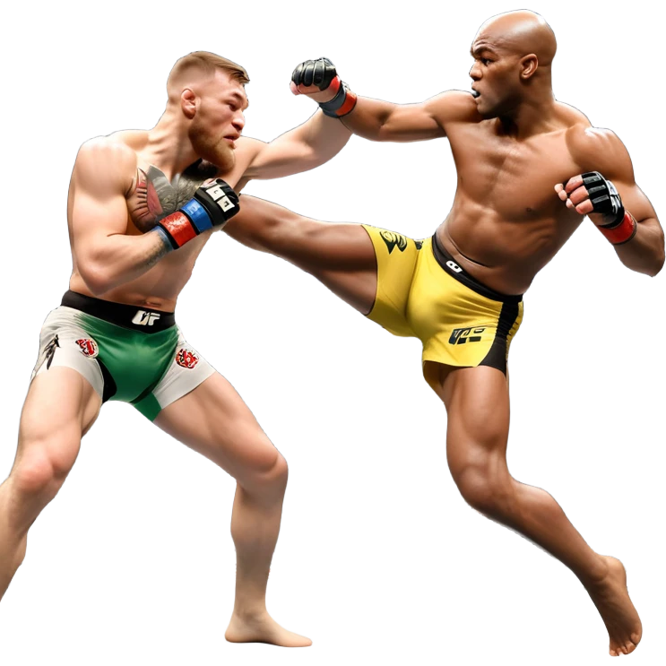 An MMA showdown between Conor McGregor and Anderson Silva in the octagon. McGregor is executing a powerful jumping strike, while Silva is expertly blocking the attack with his forearm. The background features the UFC octagon, fans in the distance, and dynamic action. Transparent background emoji