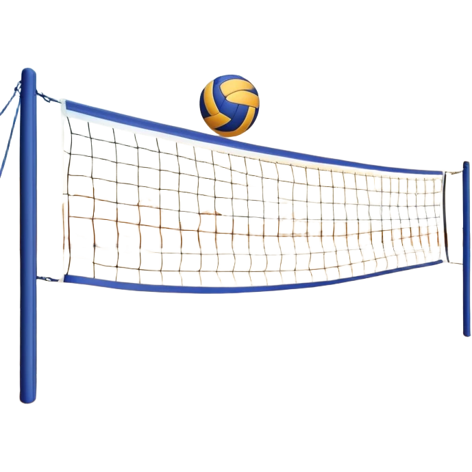 A close-up volleyball net with a ball hovering above it, set against the backdrop of a sandy volleyball court. The scene highlights the tension of an impending play, with the court lines clearly visible and a bright, sunny atmosphere surrounding the action. emoji