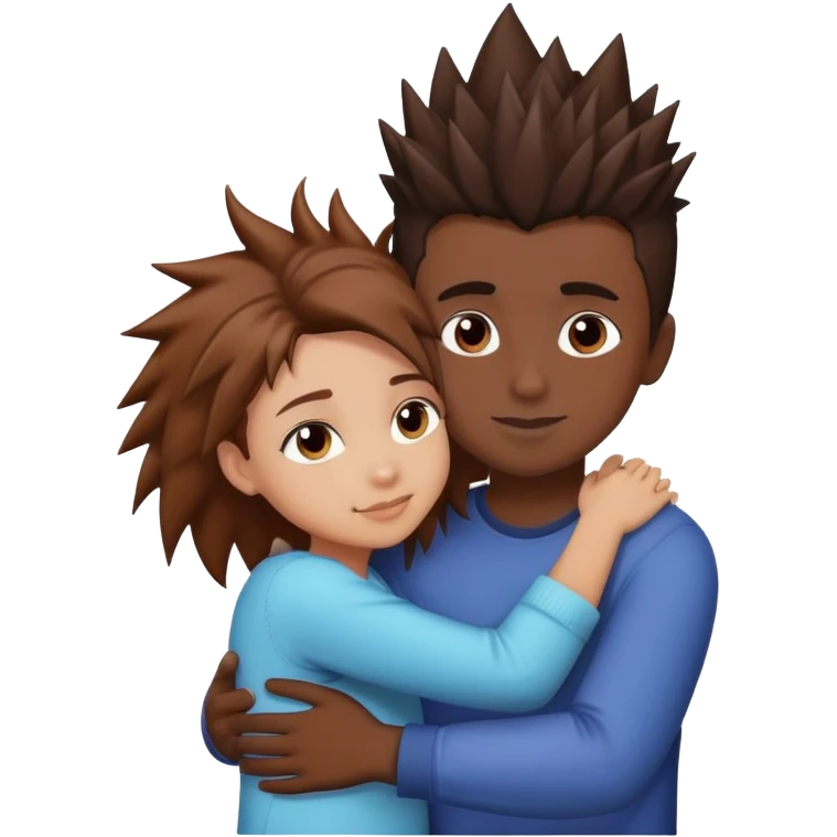 A girl with brown hair and light skin, is hugging a boy in a little dark skin with front spike hair emoji