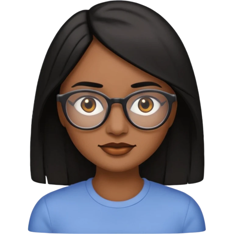 A woman emoji with medium-dark skin, straight shoulder-length black hair parted to the side, an oval-shaped face, arched dark eyebrows, large brown eyes with glasses, a small nose, and natural-toned lips. emoji