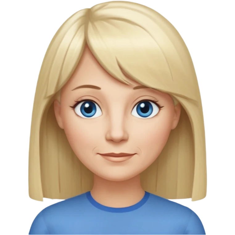 50 yr old white woman, hippe part bangs, very long straight blond hair, oval face, small smile, blue eyes, thin face, hair downback, hair parted at center of head, round cheeks, pale, longer hair emoji