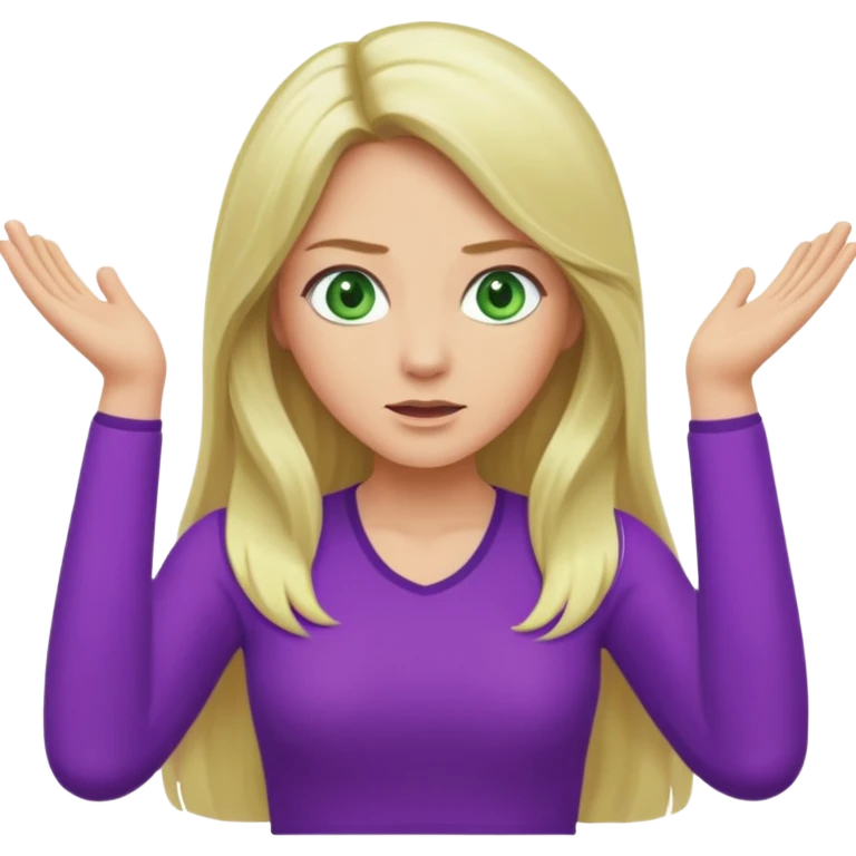 lady with long blonde hair, green eyes and purple top throwing arms in the as if confused emoji