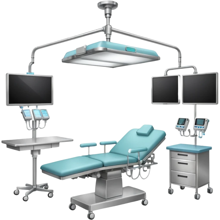 A surgical room setup with overhead lights and sterile instrument table.
 emoji