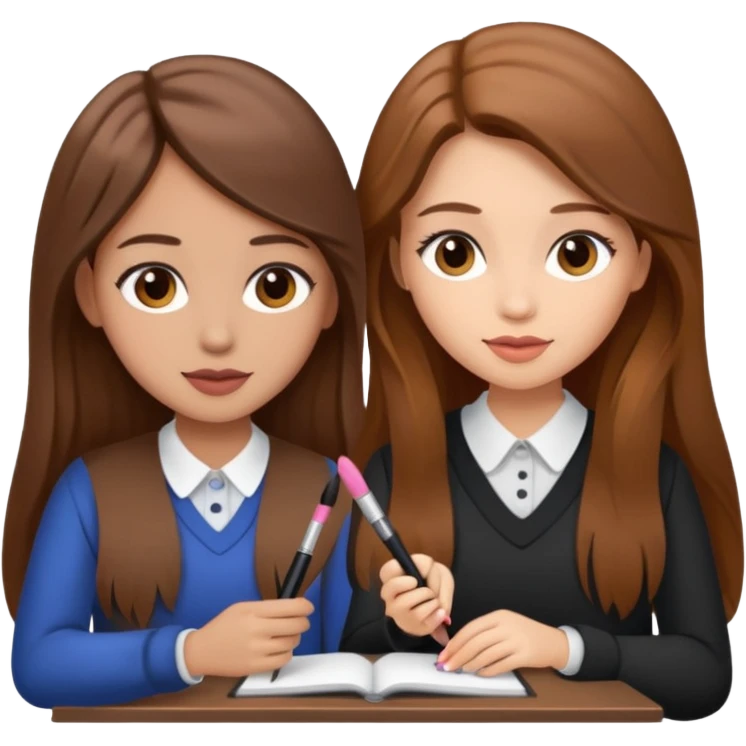 TWO BROWN HAIRED GIRLS DOING PROJECT IN  COMPANY, PROFESSIONAL AND CUTE , LONG HAIR MAKEUP emoji