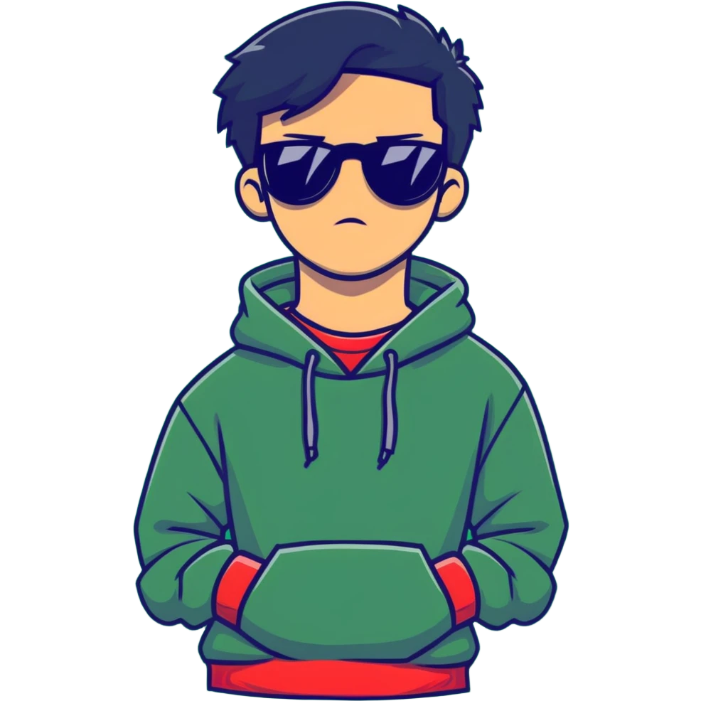 A guy in a red sweatshirt with sunglasses, with stylish black hair, stands in a cool pose emoji