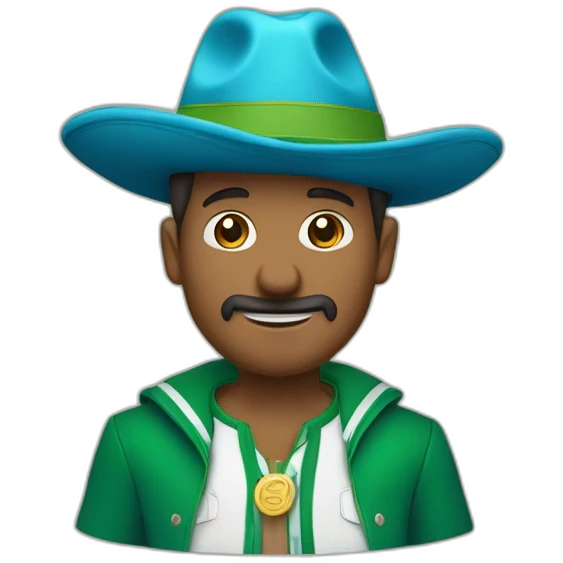 un chico blanco con sombrero de boina azul, pelo castaño y con rulos, camisa verde acuatico con chaqueta simple azul marino y de osos verdes emoji