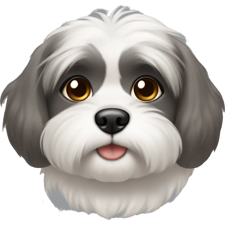 A white Shitzu with a tiny bit of brown fur on her mouth, and a little bit of dark grey fur on her eyes and ears. emoji