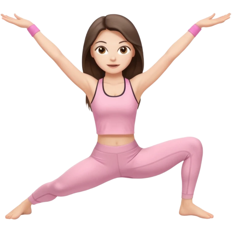white brunette girl long hair with hazel eyes in light pink workout clothes doing the middle splits emoji
