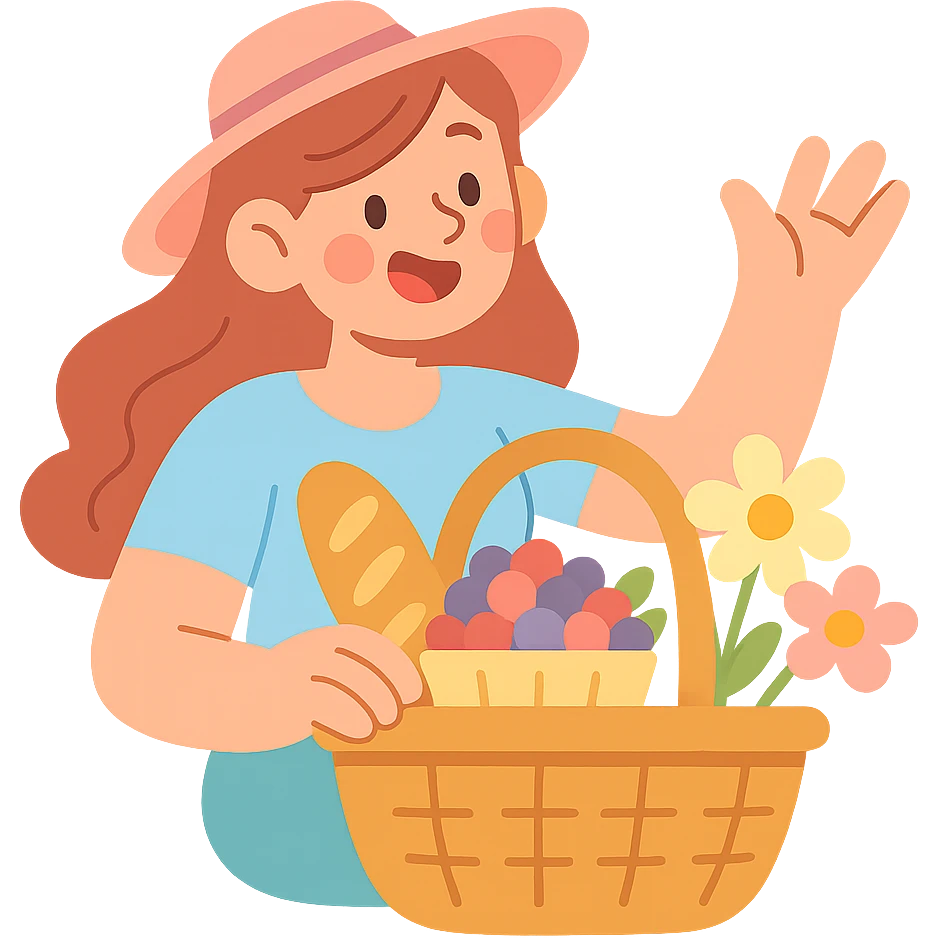 picnic basket with berries, bread, and flowers in warm pastel shades, pastel-toon style emoji