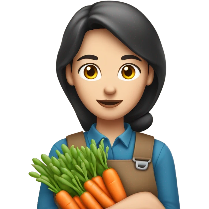 farmer brunette white woman with bunch of peas and carrots in her hands from the garden with gloves on, frowning emoji
