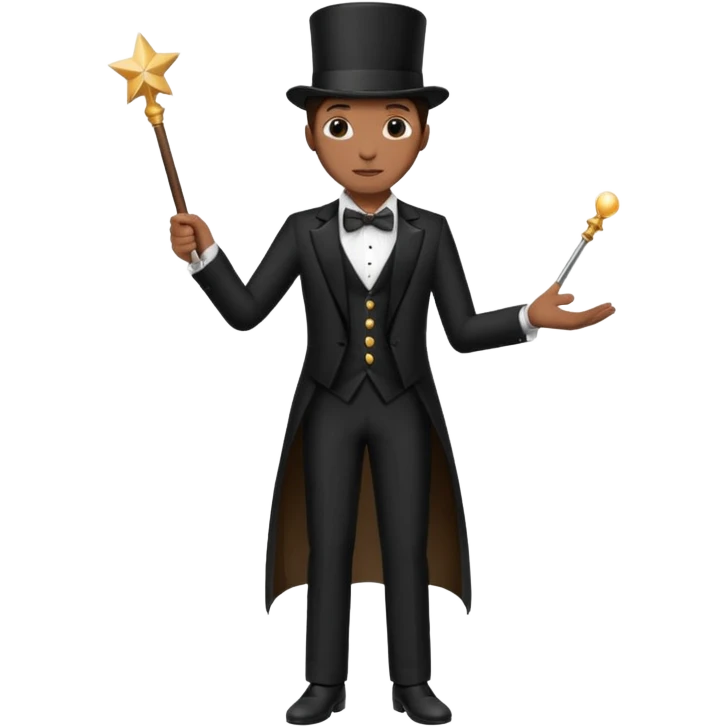 Stage magician in tuxedo holding magic wand emoji