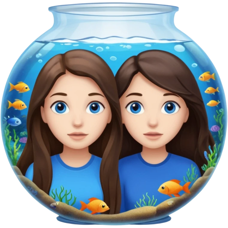 two brunette girls long hair blue eyes looking into a massive aquarium sea life viewing emoji