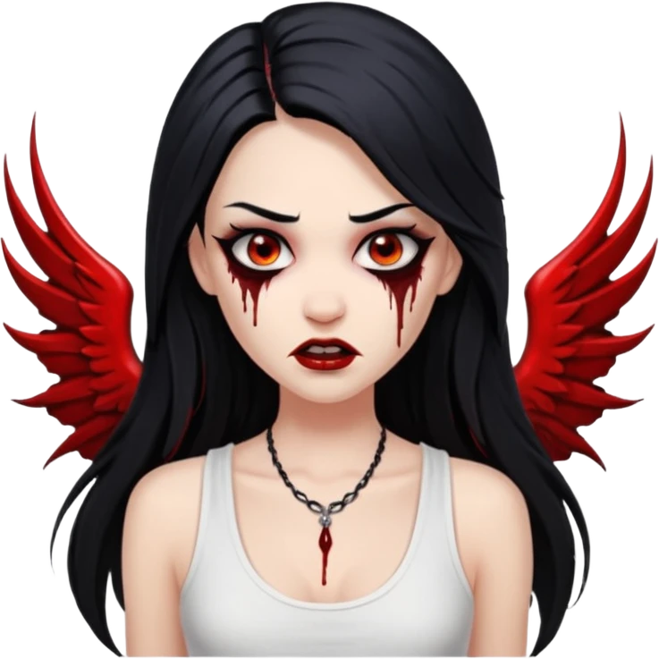White woman with a white tank top long black hair glossy middle part long hair vamp look with fangs or blood dripping brown eyes eyeliner winged with lashes top and bottom emoji