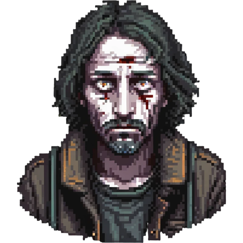 homeless man with a dead stare, looking into the abyss, shocked by overwhelming information emoji