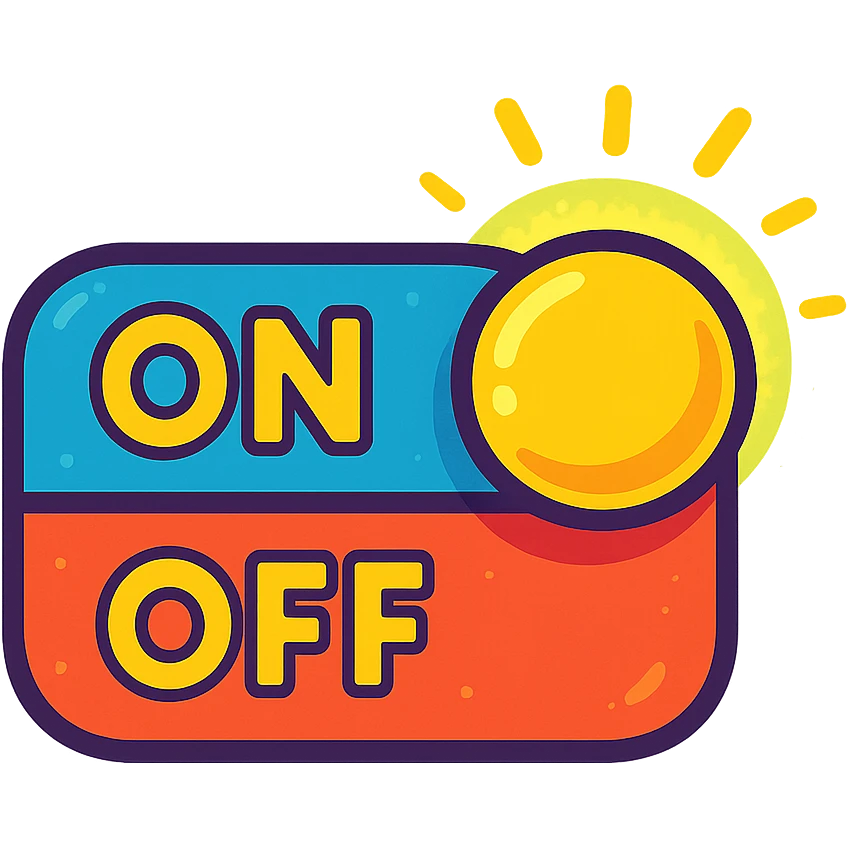 cartoon-style toggle switch button, colorful and playful, with ON/OFF label, glowing effects, visually representing triggering an event consolidation system emoji