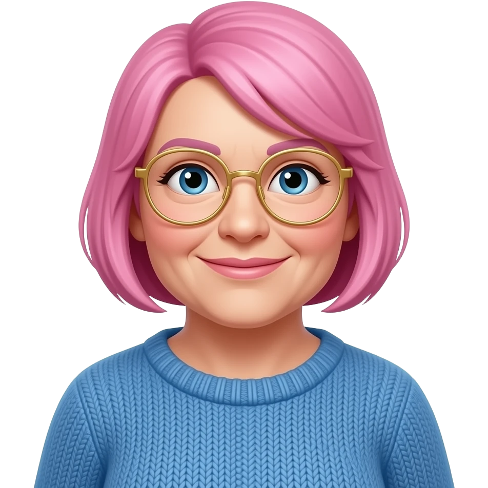 No file chosen old women with pink short hairs   65 year-old Dutch chubby white woman with pink  colored short hair, blue sweater and gold glasses emoji