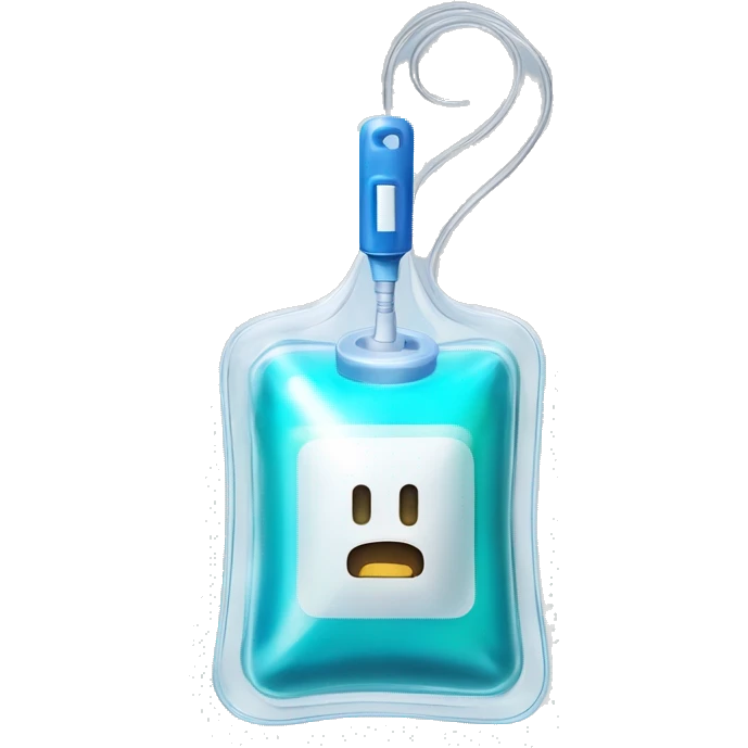Rectangular transparent plastic iv bag filled with 500ml of saline hanging on an iv pole in an intensive care unit  emoji
