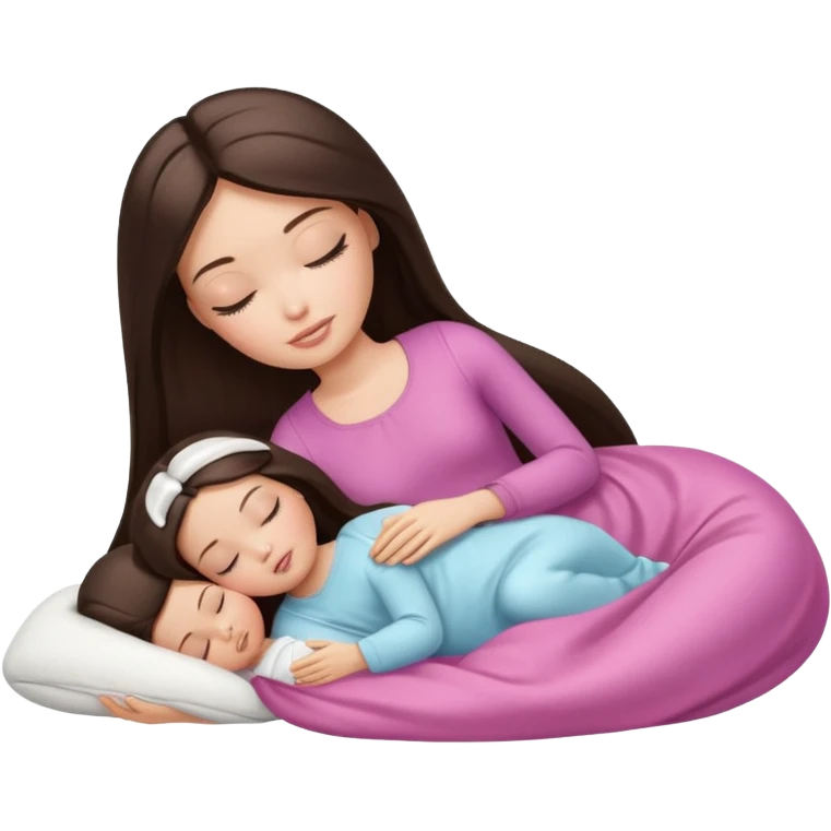 White Barbie girl dark brown long straight hair sleeping with white baby at cream bed emoji