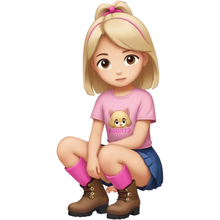  top and skirt with pink inscription “girl”  squatting in boots emoji