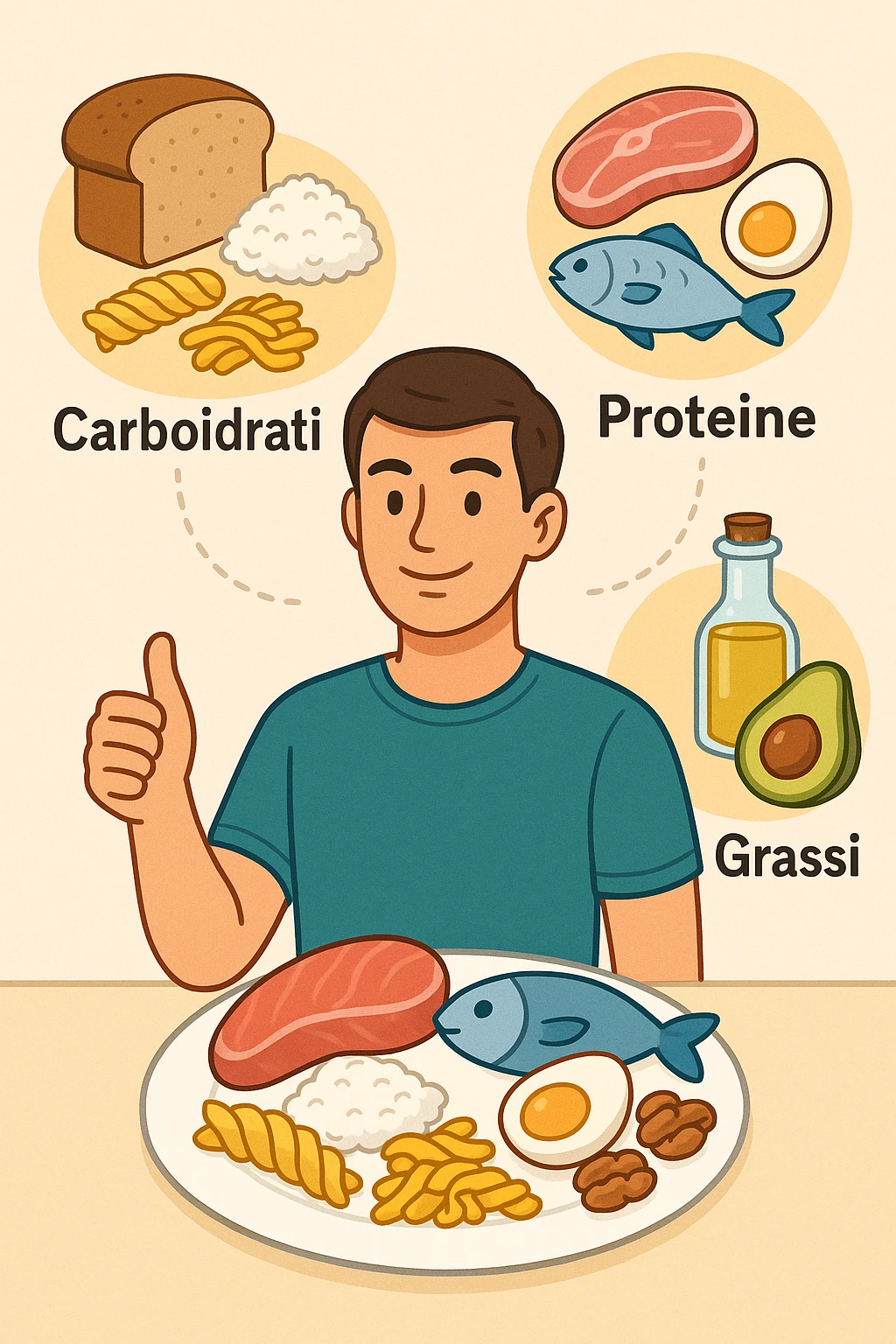 uomo che fa alimentazione attraverso i giusti macronutrienti. Scritte in ITALIANO emoji