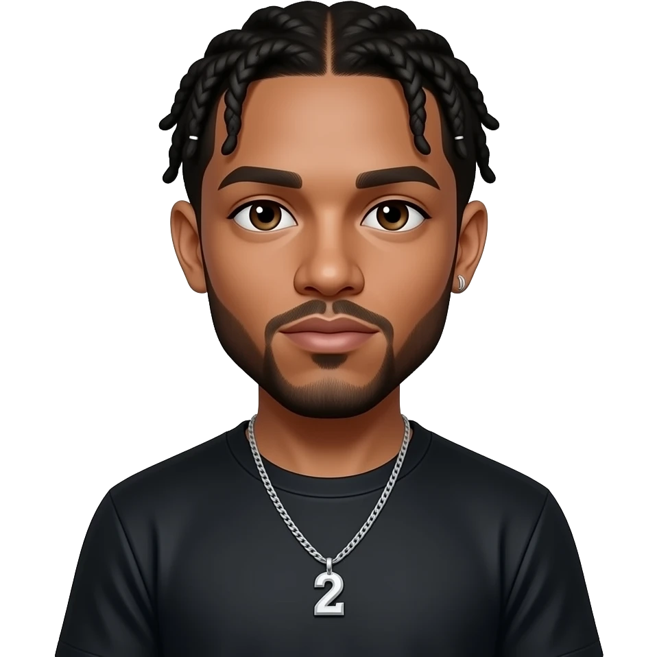 Drake with dark brown eyes, black hair, black metallic t-shirt, blue-grey metallic baggy pants, necklace emoji