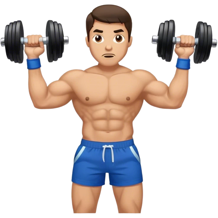 brunette buff man with blue shorts holding dumbbells and shrugging emoji