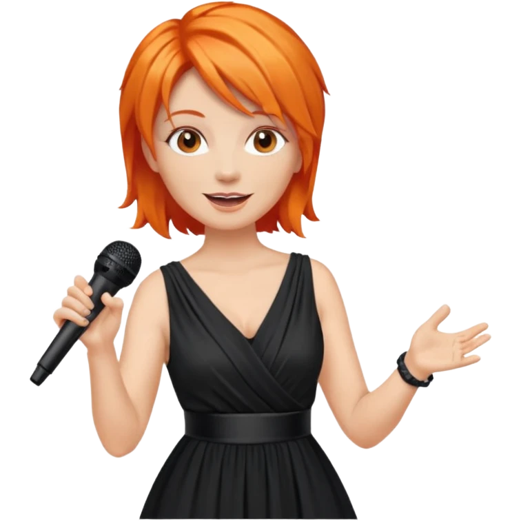 singer, Middle age, orange hair, happy, holding mic, wearing dress emoji