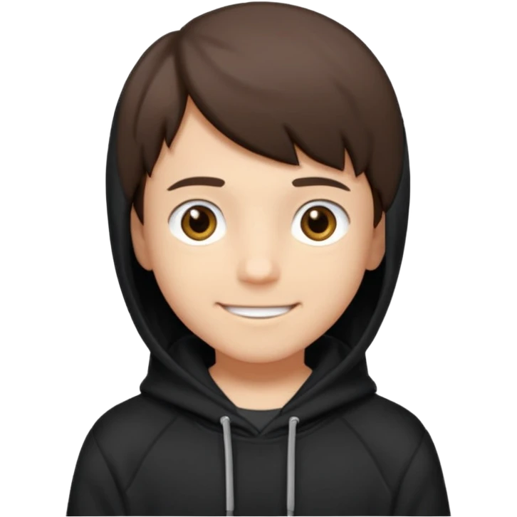 A brunette boy, short straight hair, light brown eyes, with a black sweatshirt with a hoodie, and smile  emoji