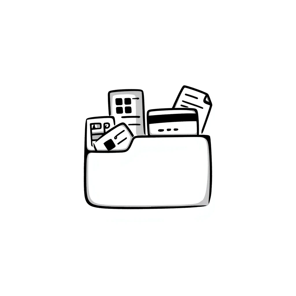 Closed folder icon with small symbols floating around: bank building, credit card, calculator, and document – organized financial archive emoji